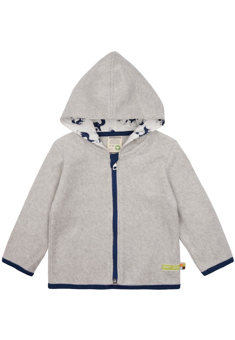 Lys grå fleece hoodie til børn med marineblå lynlås og kanter, dyreprint-foring indeni hætten og et lille stofmærke på kanten.