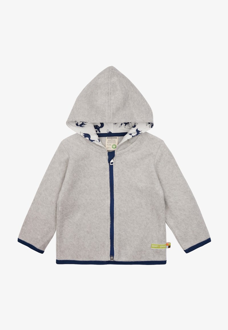 Lys grå fleece hoodie til børn med marineblå lynlås og kanter, dyreprint-foring indeni hætten og et lille stofmærke på kanten.