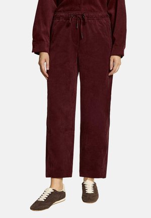Personne portant un pantalon large rouge foncé avec une taille élastique à cordon et des baskets marron foncé avec des lacets et des semelles blanches, debout sur un fond clair.