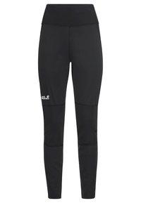 Leggings neri a vita alta realizzati in un tessuto morbido ed elastico, con dettagli di cucitura a contrasto e il logo "Jack Wolfskin" in bianco.
