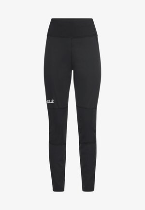 Schwarze, hoch taillierte Leggings aus glattem, dehnbarem Stoff, mit kontrastierenden Nahtdetails und dem weißen "Jack Wolfskin"-Logo.