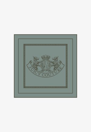 Zelený obdélníkový design s logem "Juicy Couture" s korunou, lemovaný dvěma stylizovanými zvířaty a ohraničený tmavším rámem.