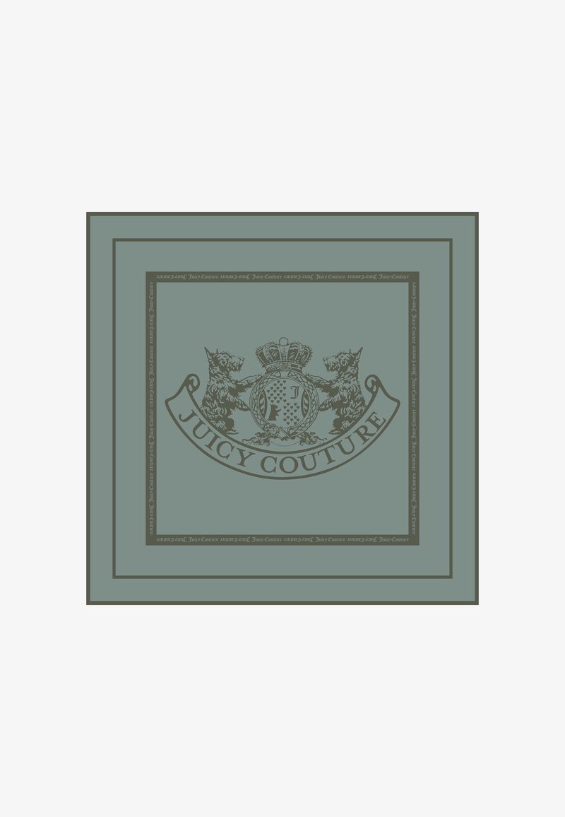 Zelený obdélníkový design s logem "Juicy Couture" s korunou, lemovaný dvěma stylizovanými zvířaty a ohraničený tmavším rámem.