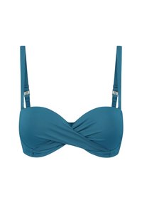 Top bikini verde acqua con design attorcigliato al centro, spalline sottili e regolabili, e chiusura con gancio sul retro. Tessuto liscio.