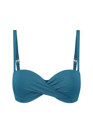 Haut de bikini turquoise avec un design torsadé au centre, bretelles fines ajustables et attache à l'arrière. Texture de tissu lisse.