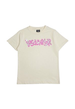 T-shirt color crema a maniche corte con scollo rotondo e scritta glitter rosa e argento "VEGAS LAG" sul petto.