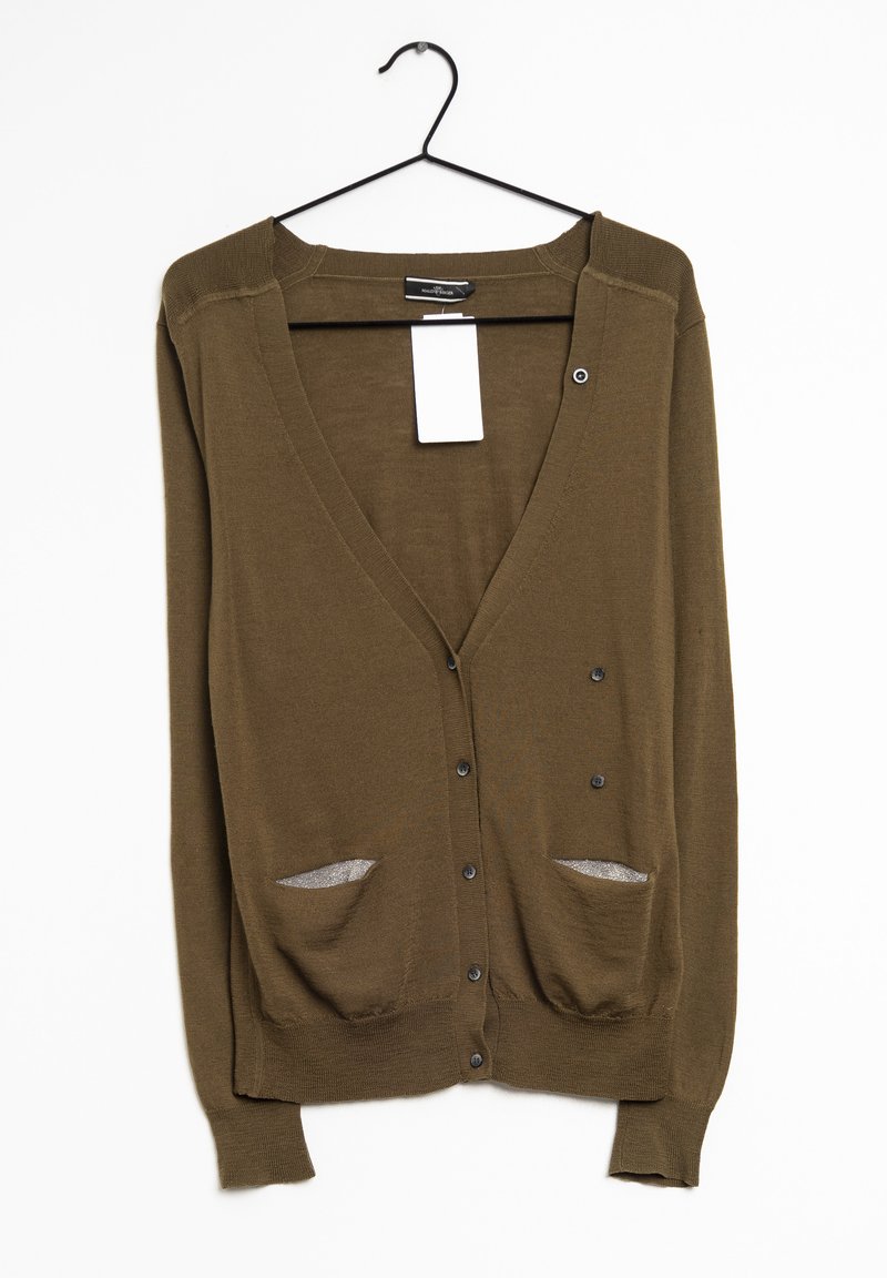 Olivengrøn cardigan med v-hals, lange ærmer, to forlommer og knaplukning. Fremstillet af et let, tekstureret stof.