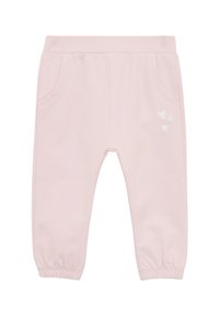 Rosa Baumwoll-Sweatpants mit elastischem Bund, gerippten Bündchen und zwei Seitentaschen. Mit weißen gestickten Herzen auf der Vorderseite.