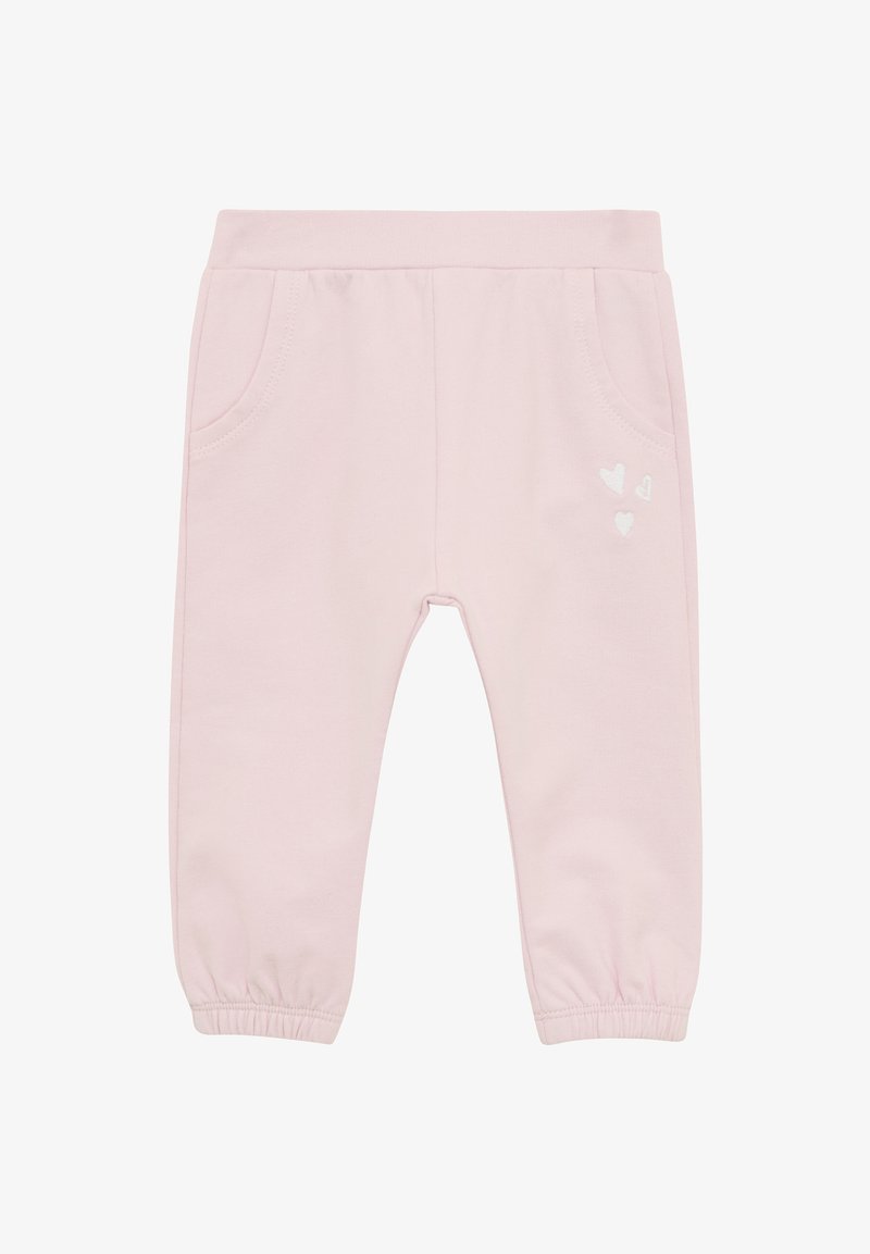 Rosa Baumwoll-Sweatpants mit elastischem Bund, gerippten Bündchen und zwei Seitentaschen. Mit weißen gestickten Herzen auf der Vorderseite.