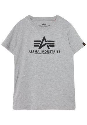 Šedé bavlněné tričko s černým grafickým logem a stylizovaným písmem a akcenty. Krátké rukávy a design s kulatým výstřihem.