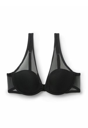 Sujetador negro acolchado con aro, paneles de malla transparente en las copas y los lados, y tirantes ajustables, colocado plano sobre fondo blanco.