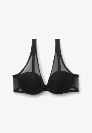 Sujetador negro acolchado con aro, paneles de malla transparente en las copas y los lados, y tirantes ajustables, colocado plano sobre fondo blanco.