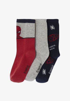 Three pairs of socks: red with Spider-Man design, gray, and navy. Each pair features contrasting color bands and printed logos. Cotton blend material.