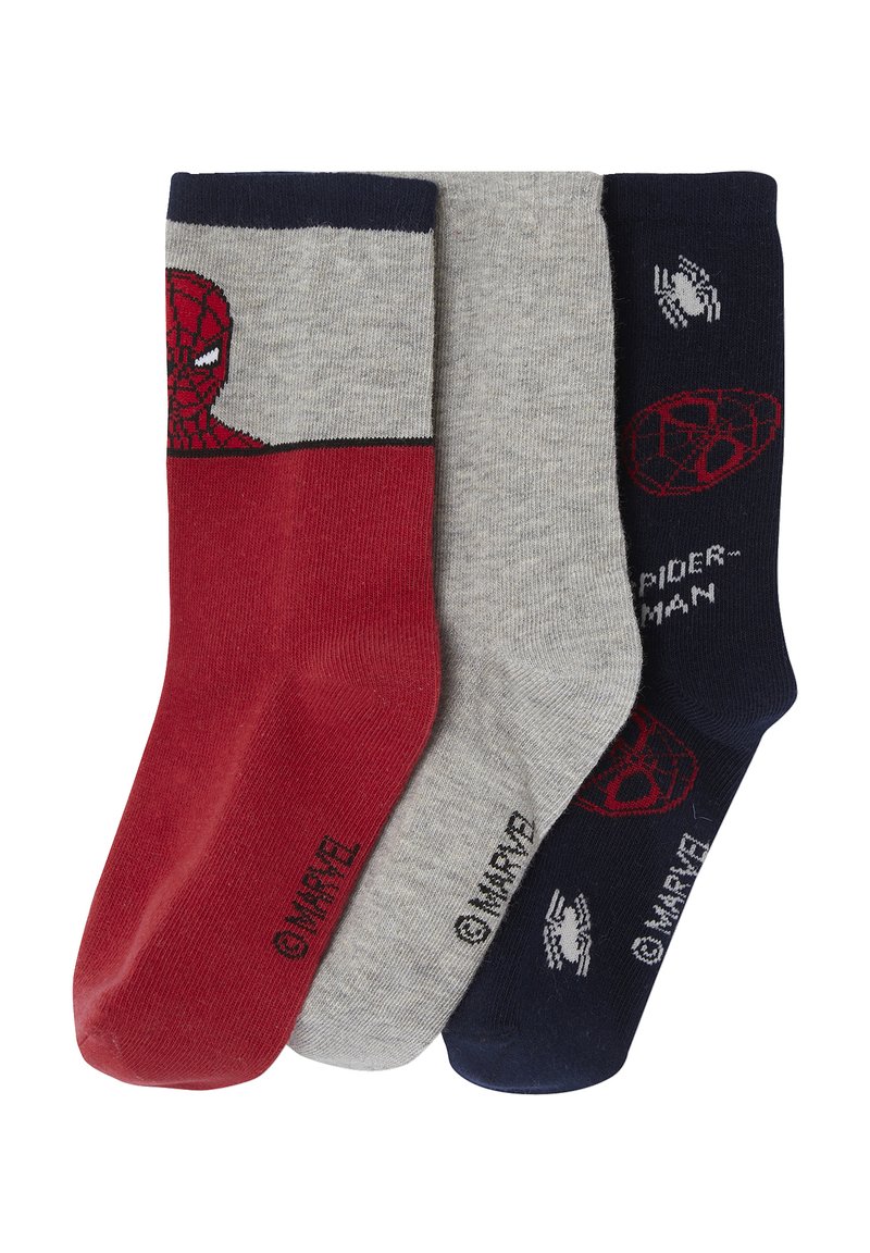 Drei Paar Socken: rot mit Spider-Man-Design, grau und marineblau. Jedes Paar hat kontrastierende farbige Bänder und bedruckte Logos. Aus Baumwollmischung.