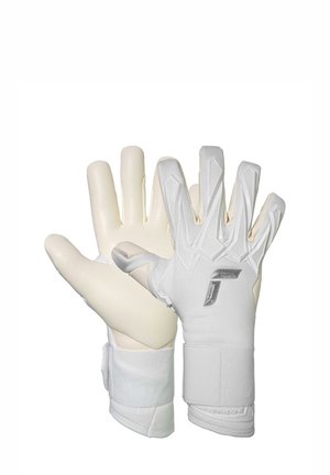 Paar weiße Torwarthandschuhe mit strukturierter Rückhand und verstellbaren Handgelenkriemen, gezeigt von der Handflächen- und Rückseite.