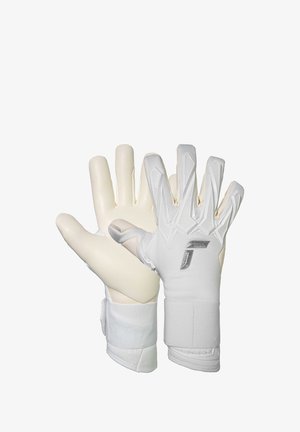 Pair of white goalkeeper gloves with textured backhand and adjustable wrist straps, shown palm and back views.