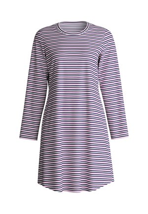 Robe rayée à manches longues, comprenant des lignes horizontales en violet, blanc et noir. Tissu doux, encolure ronde et coupe légèrement évasée.