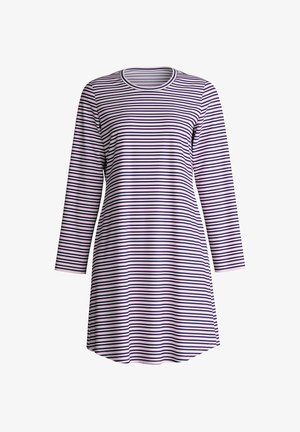 Striped dress with long sleeves, featuring horizontal lines in purple, white, and black. Soft fabric, round neckline, and slightly flared shape.