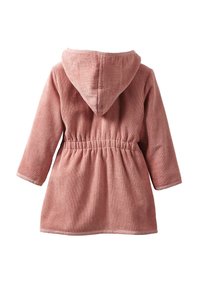 Rosa Kapuzenrobe mit strukturierter Oberfläche, tailliertem Schnitt, langen Ärmeln und kontrastierenden Manschetten. Weicher, kuscheliger Stoff für höchsten Komfort.