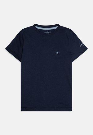 Marineblaue Baumwoll-T-Shirt mit lockerer Passform, Rundhalsausschnitt, kurzen Ärmeln und einem kleinen gestickten Logo auf der Brust und dem Ärmel.