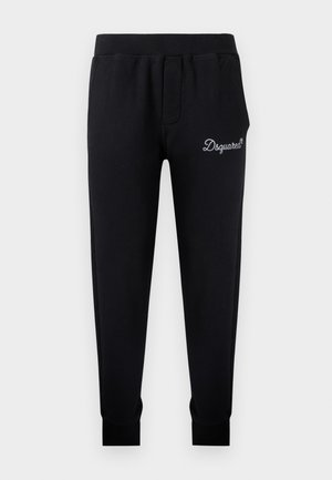 Pantaloni de trening negri din bumbac moale. Sunt prevăzuți cu talie elastică, picioare conice și un mic logo alb "Dsquared2" în față.
