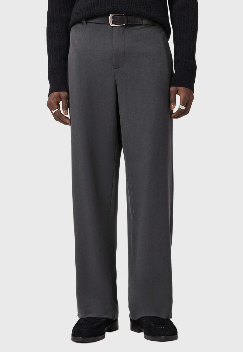 Gray tailored trousers with a straight fit, made from smooth fabric. Features a belt, side pockets, and a clean front crease.