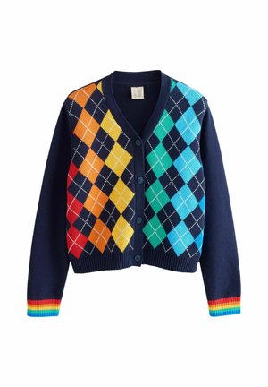 Marinefarbener Cardigan mit mehrfarbigem Rautenmuster, Knöpfen und regenbogenstreifigen Bündchen. Weiche Textur, gestrickter Stoff.