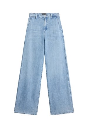 Jeans di jeans azzurri a gamba larga con tasche frontali, passanti per cintura e chiusura con bottone e cerniera in vita.