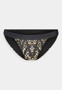 Parte de baixo de biquíni preta e com padrão de leopardo, apresentando uma cintura larga, material liso e uma parte frontal estampada que contrasta com os lados pretos sólidos.