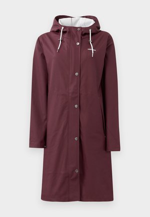 Bordå raincoat med huva, med knappstängning fram, elastiska dragsnören och en vit inredning. Slät yta och långa ärmar.