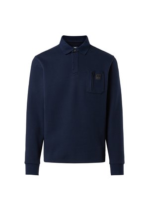 Navyblaue Langarm-Polohemd aus strukturiertem Stoff, mit Kragen, Knopfverschluss und einer Brusttasche mit logodetail.