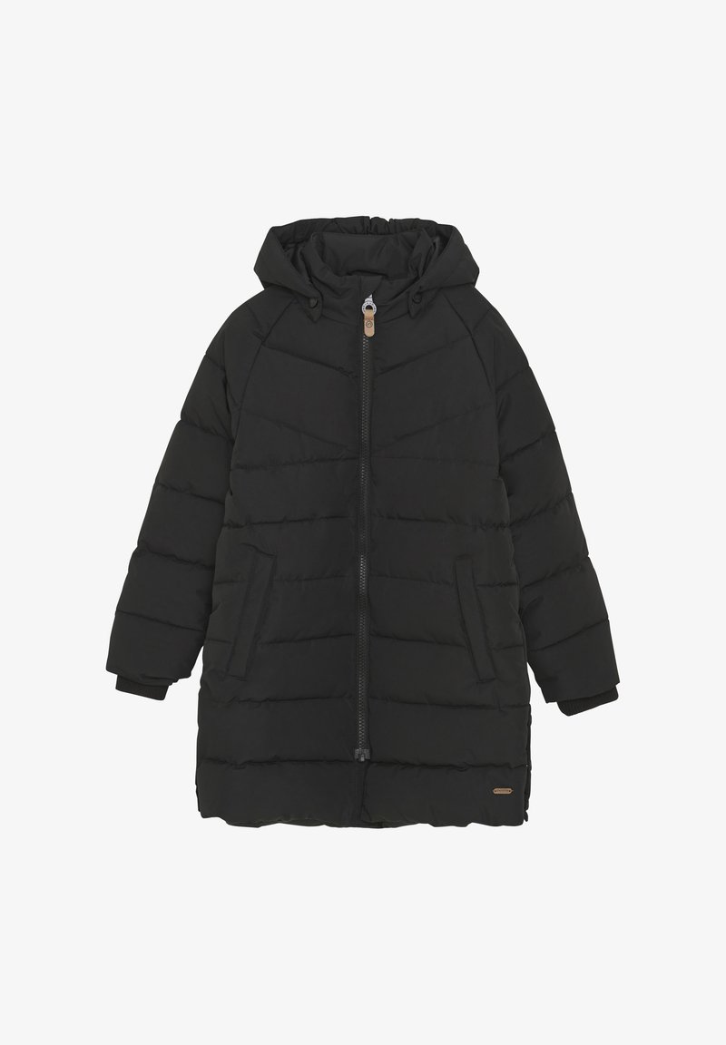 Czarna kurtka puchowa z zamkiem błyskawicznym, kapturem i bocznymi kieszeniami. Kurtka ma pikowany wzór i ściągacze przy mankietach.
