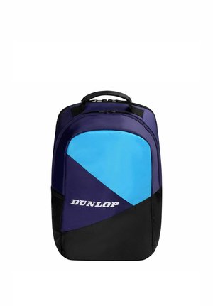 Rugzak met bovenhandgreep, blauwe en zwarte kleurvlakken, zijvak van gaas en "Dunlop"-logo op het voorvak.