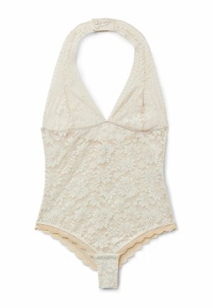 Cream lace halter-neck bodysuit with floral pattern and snap closures at the crotch.