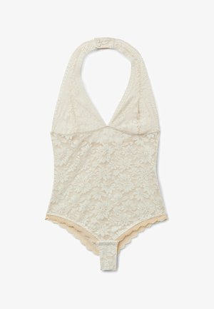 Cream lace halter-neck bodysuit with floral pattern and snap closures at the crotch.