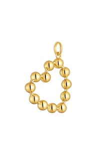Ciondolo a forma di cuore in tono oro, con un anello, composto da perline sferiche uniformemente spaziati. Superficie liscia con una finitura riflettente.