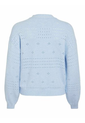 Maglione azzurro chiaro in maglia con una vestibilità comoda, motivo a lavorazione aperta con pois, polsini e orlo a costine, e scollo rotondo.