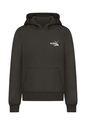 Tummanharmaa huppari, joka on valmistettu puuvillasekoitteesta. Siinä on etupuolella kengurutasku, ribbaustaskut sekä rintaosassa logo, jossa on kolibri.