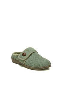 Green quilted slipper with a soft interior, adjustable strap and button detail, featuring a cushioned sole and rounded toe design.