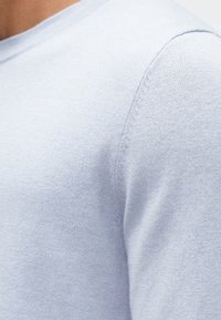 Lichtblauwe gebreide trui met een ronde hals, korte geribbelde manchetten en een zachte textuur. Heeft een naadloos schouderontwerp.