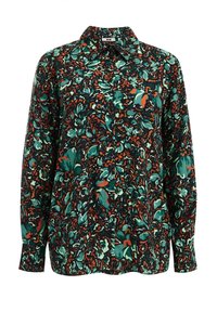 Långärmad skjorta med knappar i teal, orange och grönt blommönster på svart bakgrund, klassisk krage och manschetter.