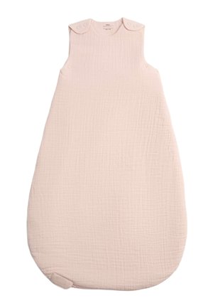 Saco de dormir para bebé sin mangas en rosa suave con botones a presión en los hombros y tela texturizada.