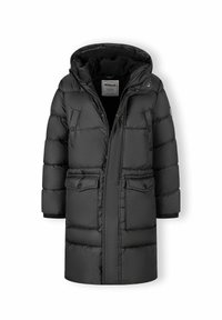 Čierny prešívaný kabát s kapucňou, s priehľadným zipsom a zapínaním na patentky, dvoma prednými vreckami a rebrovanými manžetami. Hladký, polstrovaný materiál.