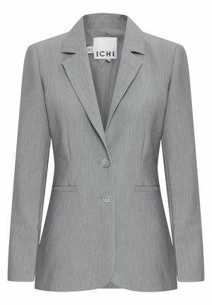 Blazer gris claro con solapa muesca, dos botones y bolsillos laterales. Hecho de una tela texturada con un corte ajustado. Etiqueta de la marca visible.