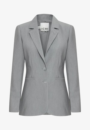 Blazer gris clair avec un col cranté, deux boutons et des poches latérales. Fabriqué en tissu texturé avec une coupe ajustée. Étiquette de la marque visible.