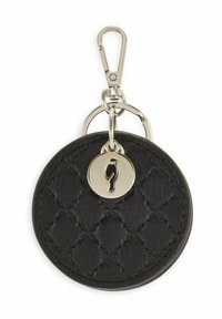 Czarny skórzany brelok o pikowanej fakturze, w kształcie koła, z ozdobami ze srebrnego metalu. Posiada okrągły zawieszkę z logo w formie sylwetki.