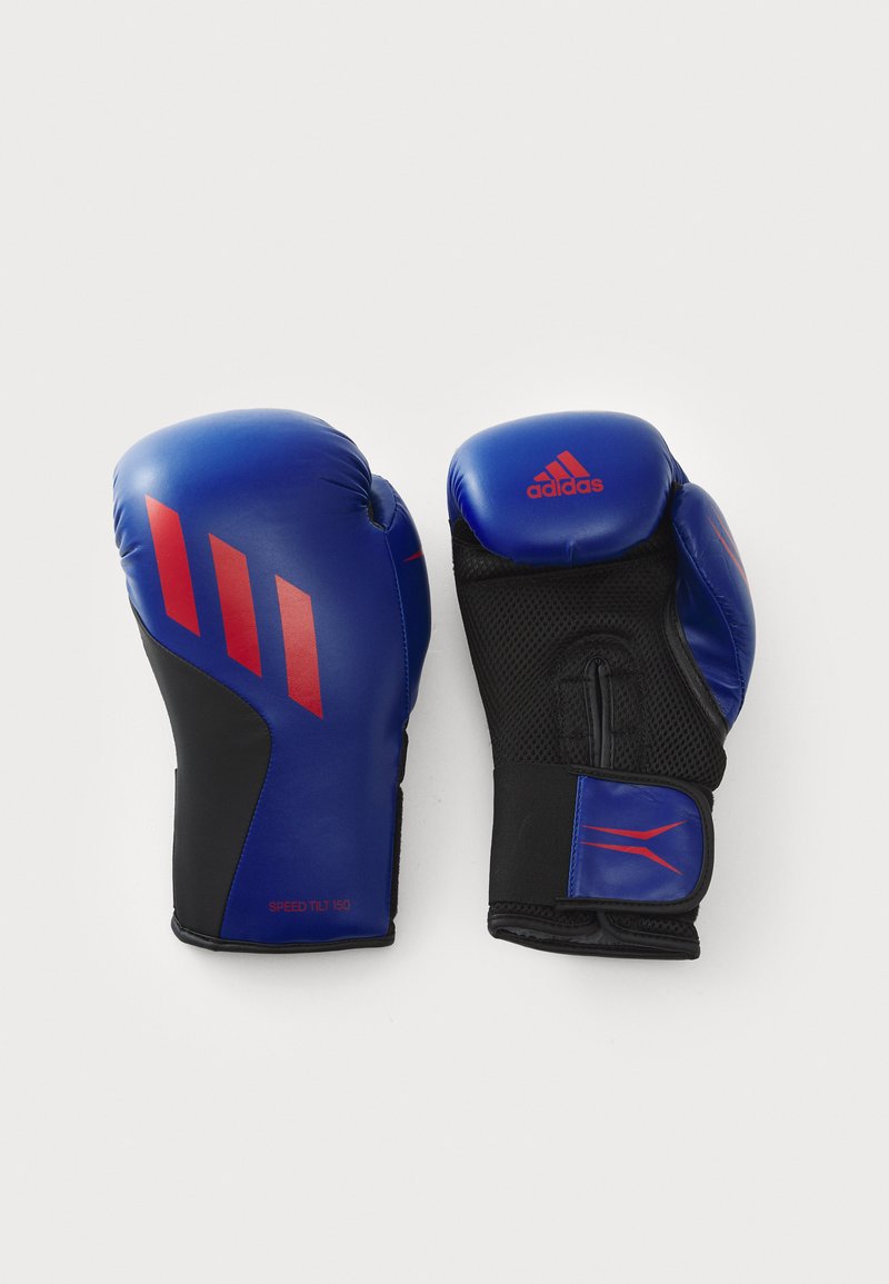 Blue boxing gloves with red accents, featuring a smooth finish, padded knuckles, and a mesh wrist area for breathability, labeled "SPEED TILT 150."