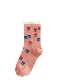 Rosa Baumwollsocken mit geripptem Muster und cremefarbenem Bund, verziert mit einem Blumenmuster aus roten und blauen Blumen auf grünen Stängeln.