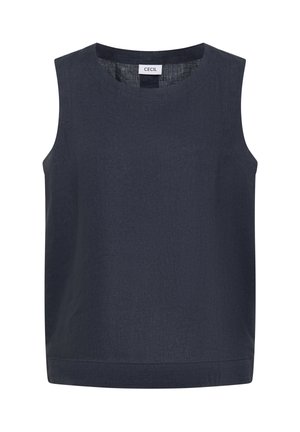 Ærmeløs navyblå hør-top med rund halsudskæring og lige kant, med et lille hvidt mærke indeni kraven.