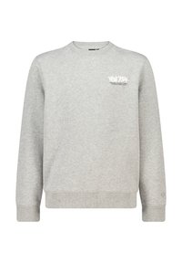 Felpa grigia chiara realizzata in un materiale misto cotone. Presenta un colletto rotondo, polsini e orlo a costine, e testo bianco stampato sul petto.
